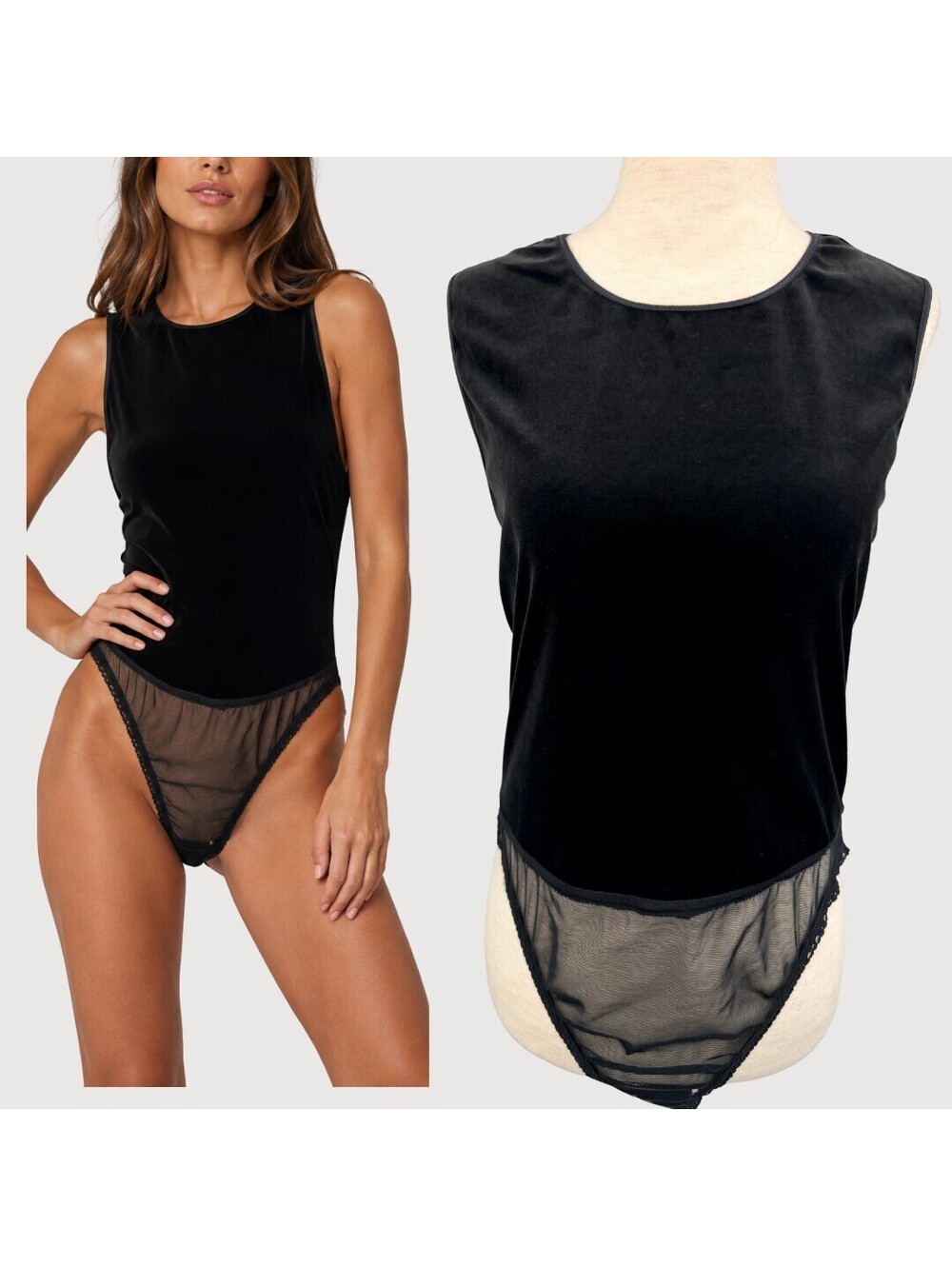 Vintage Emanuel Ungaro Black Velvet Sheer Mesh Bodysuit L